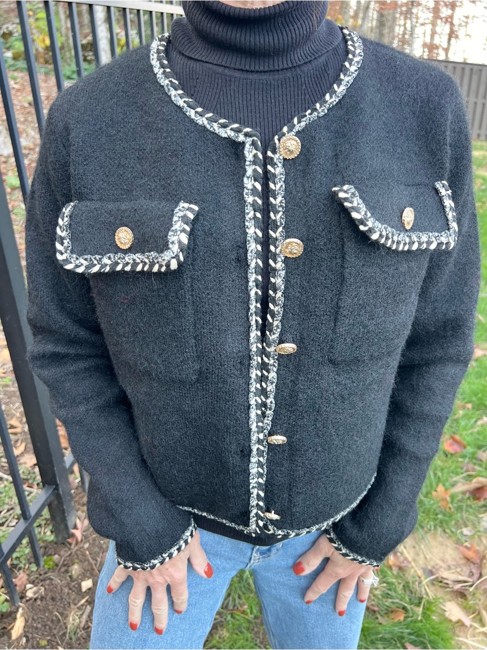 Black Tweed-Trim Cardigan Jacket